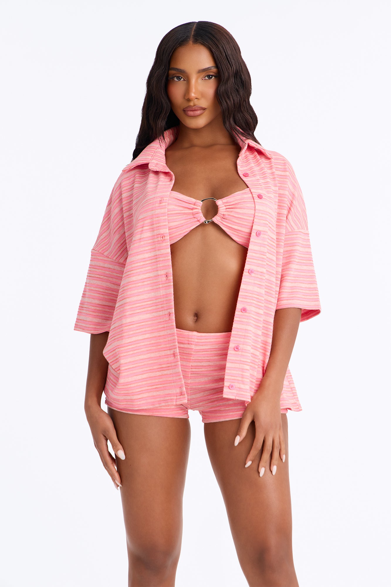 Coastal Chill Striped 3 Piece Short Set - Pink