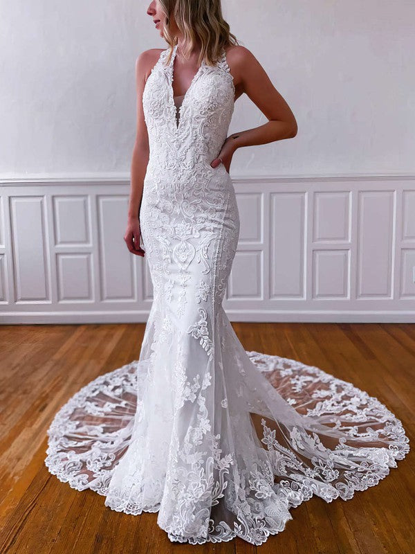 Elegant Chapel Train Trumpet V-Neck Sleeveless Tulle Wedding Dresses
