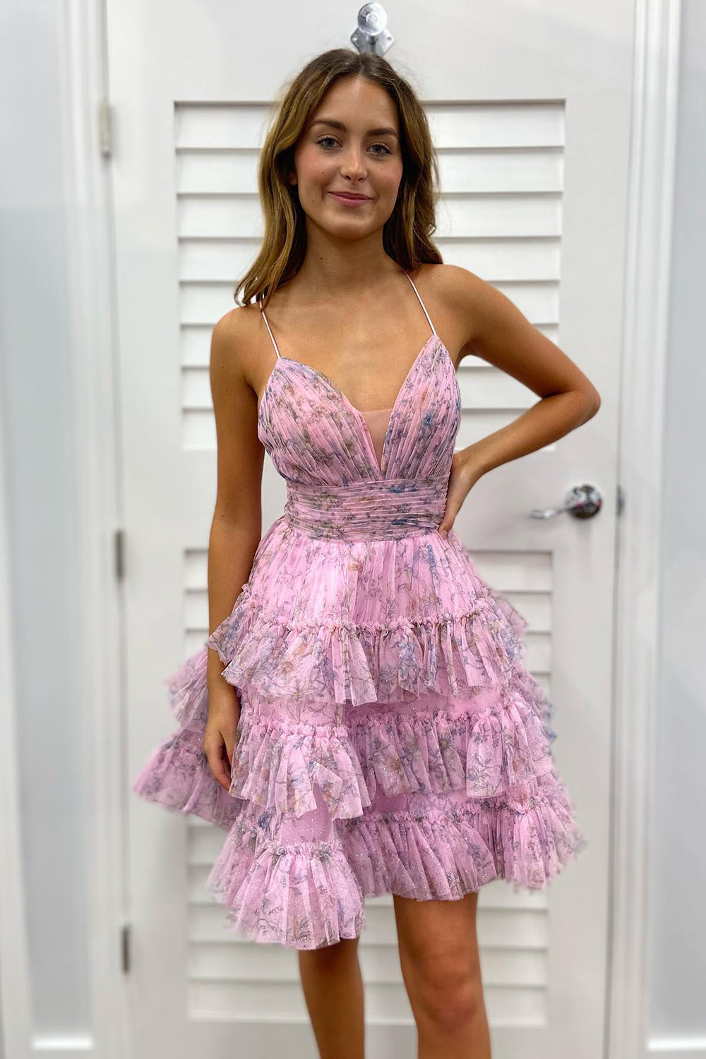 Pink A Line Ruffled Spaghetti Straps Short Homecoming Dress/Mini Dress