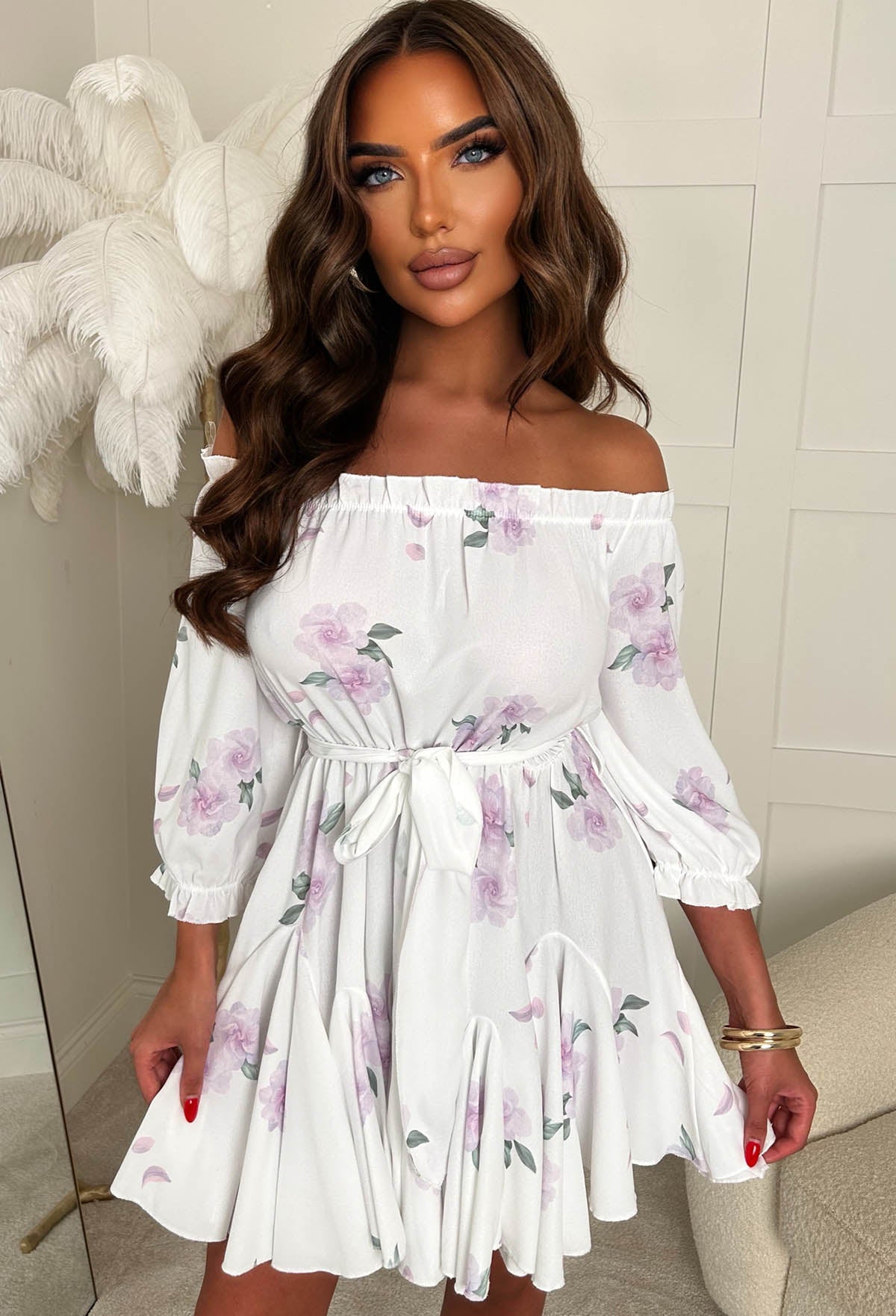 Rose On Repeat White Floral Print Bardot Mini Dress