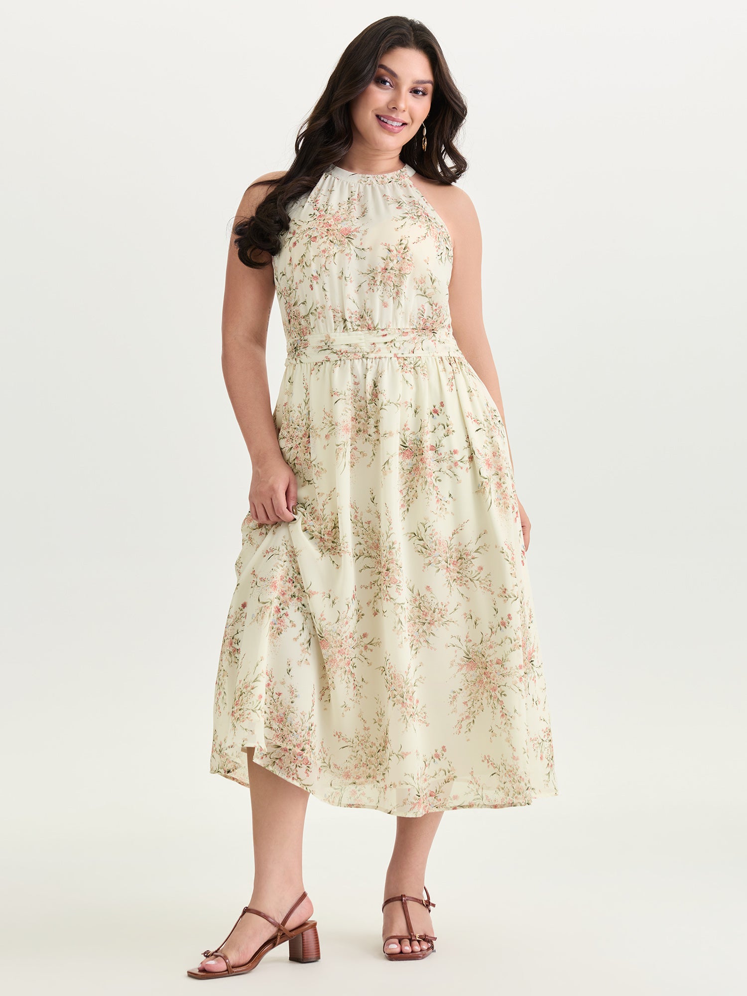 Floral Mix Halter Neckline Shirred Maxi Dress