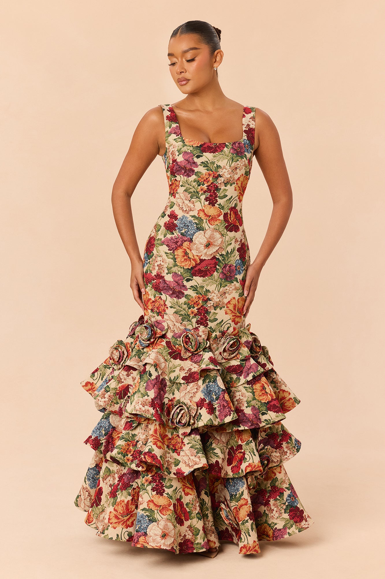Pure Chic Tiered Jacquard Gown - Taupe/combo