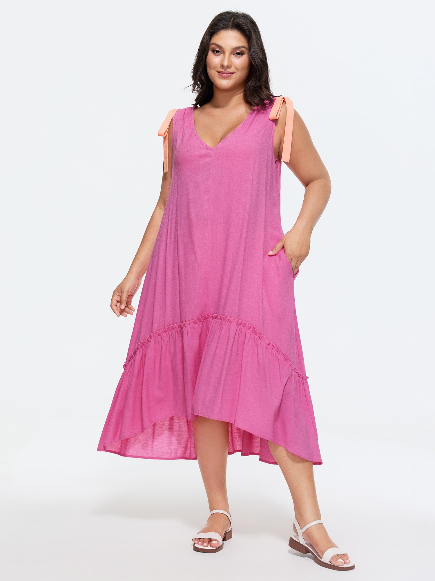 Cotton Ribbon Shoulder Tie V-Neck Flowy Midi Dress