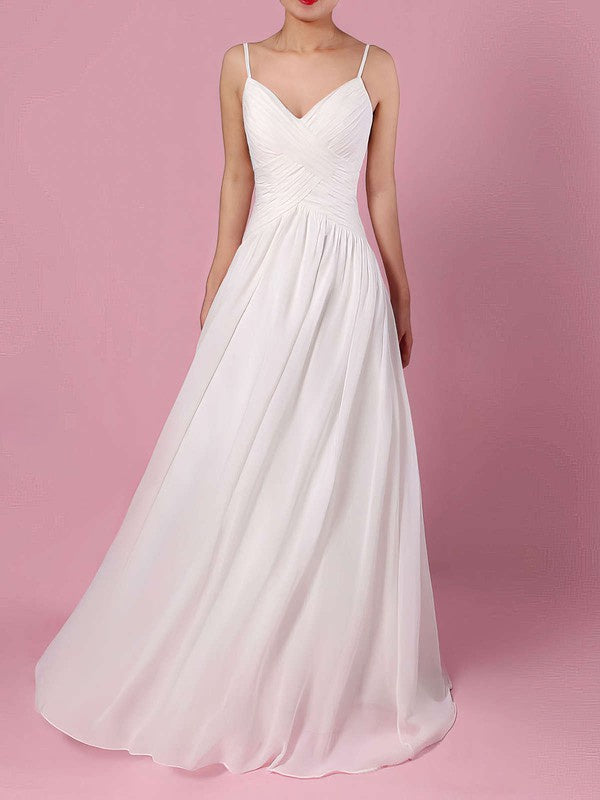 Sexy A-Line V-Neck Spaghetti Straps Chiffon Sweep Train Wedding Dresses with Ruffles