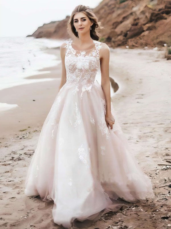 Beautiful Crew Sleeveless Tulle A-Line Lace Wedding Dresses with Sweep Train