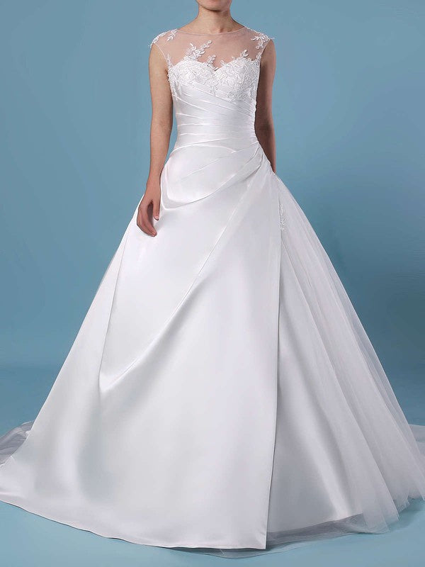 Elegant Sleeveless Ball Gown Sleeveless Satin Tulle Lace Wedding Dresses