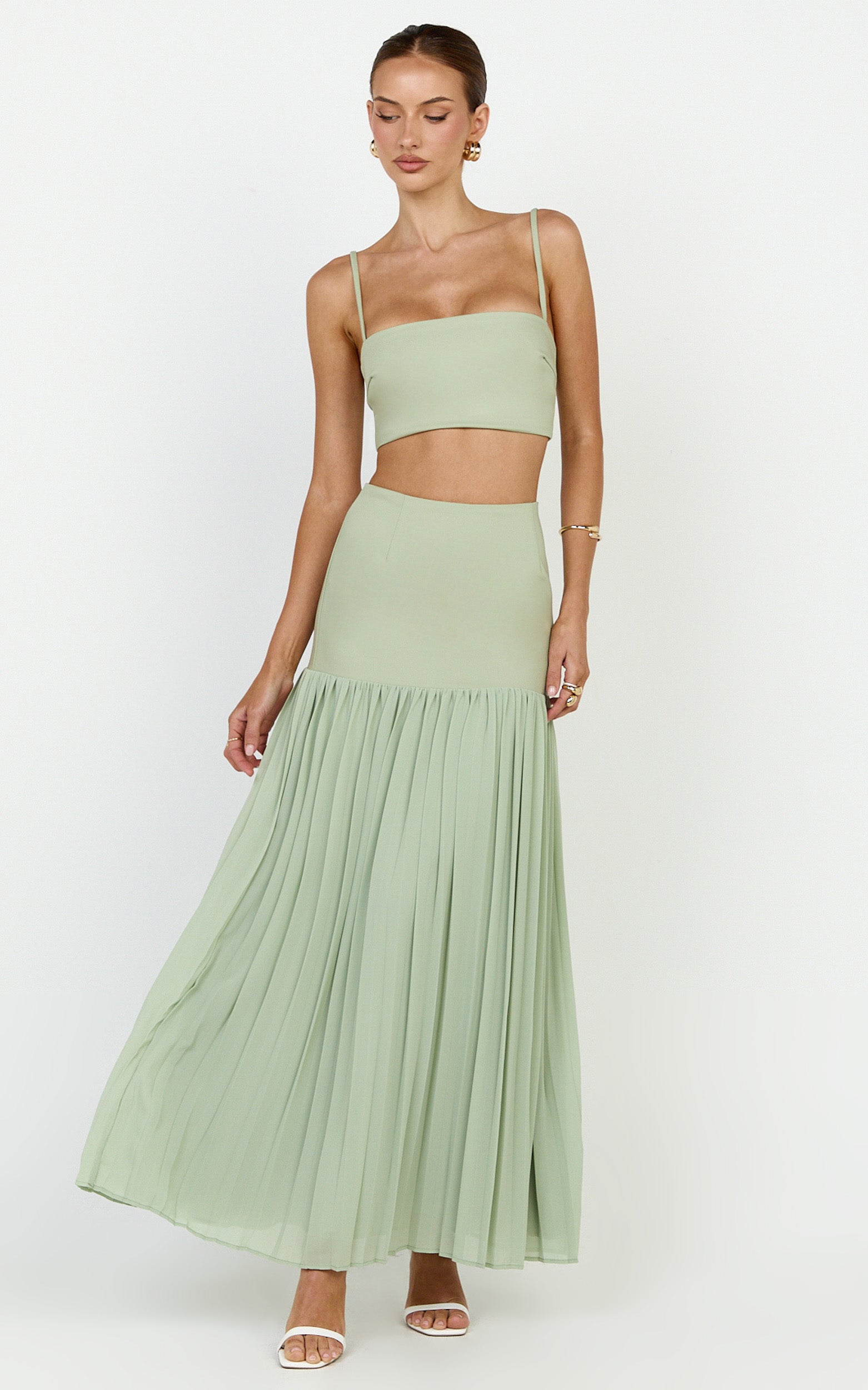 Rowan Two Piece Top and Skirt Set - Square Neck Crop Top and High Waist Pleated Maxi Skirt Set in Sage