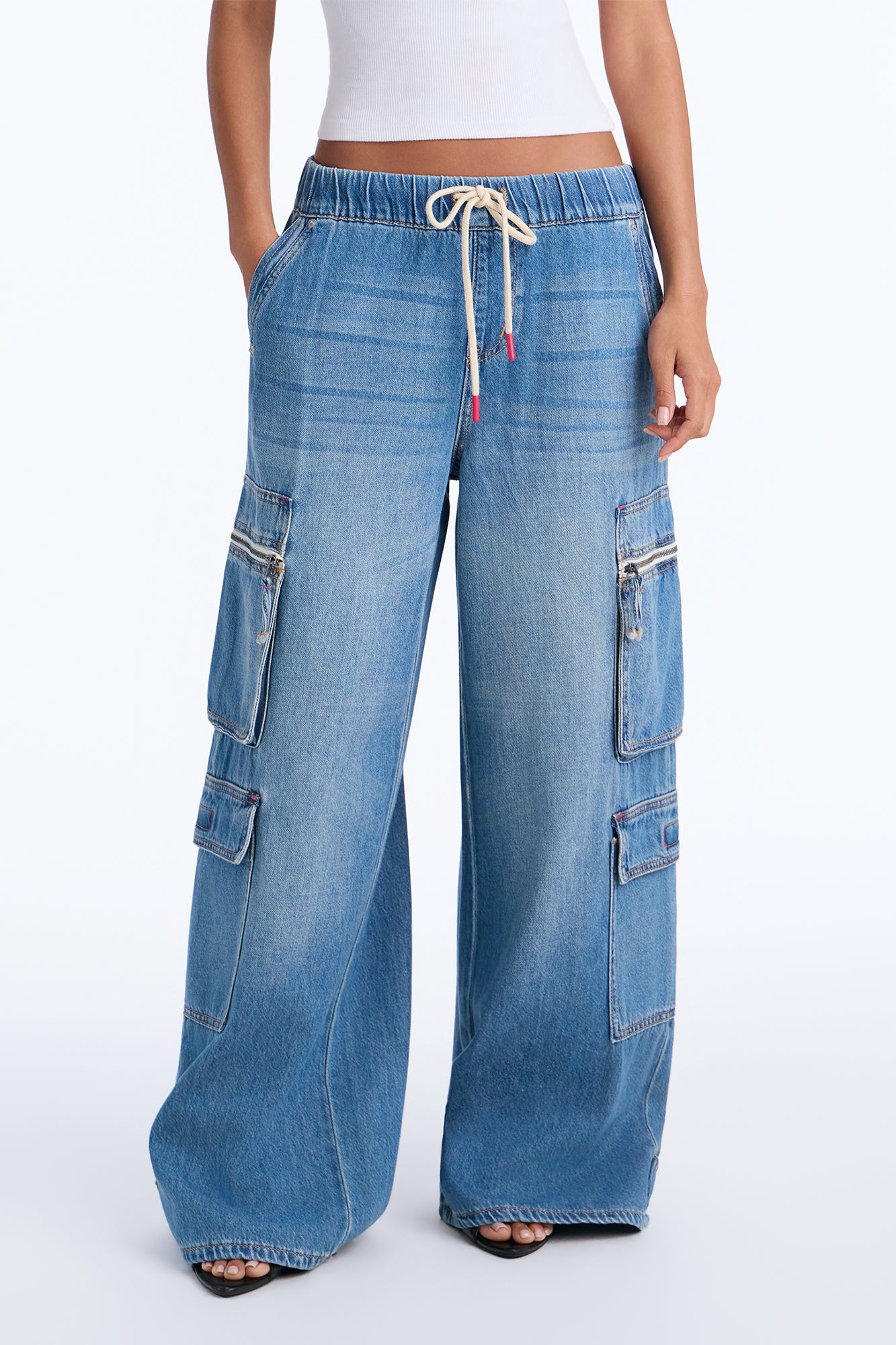 Sydney Pull On Tie Waist Wide Leg Cargo Jeans - Medium Wash