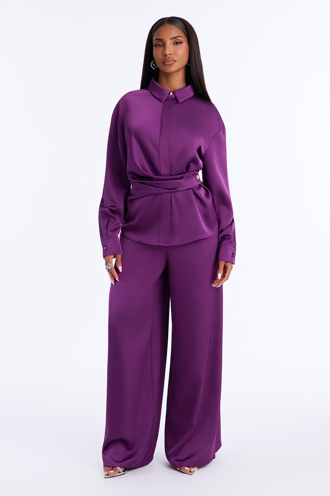 Reya Draped Satin Pant Set - Plum