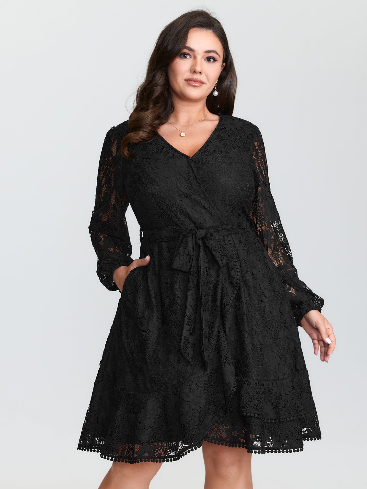 Floral Sheer Lace Waist-Tie Mini Dress