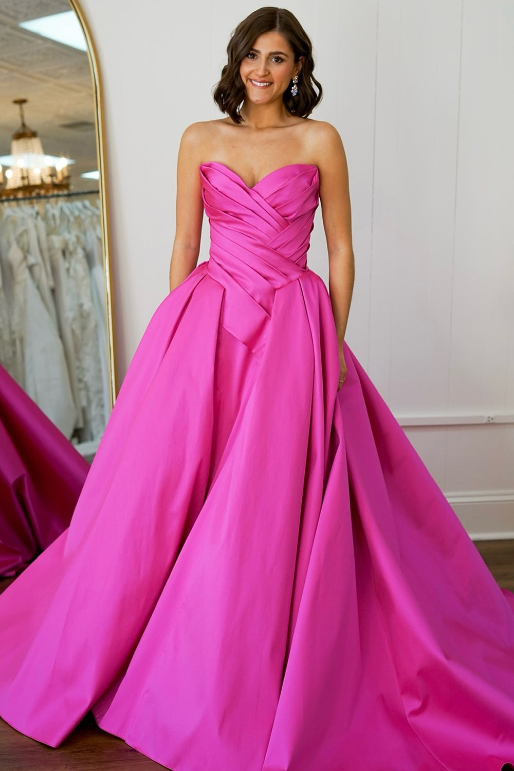 Long Ruched Satin Prom Dress in Fuchsia Princess Sweetheart