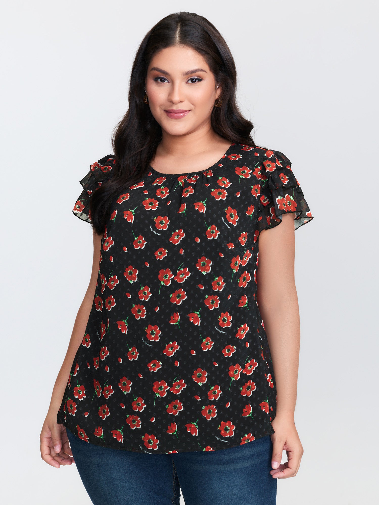Floral Print Ruffled Sleeve Textured Blouse