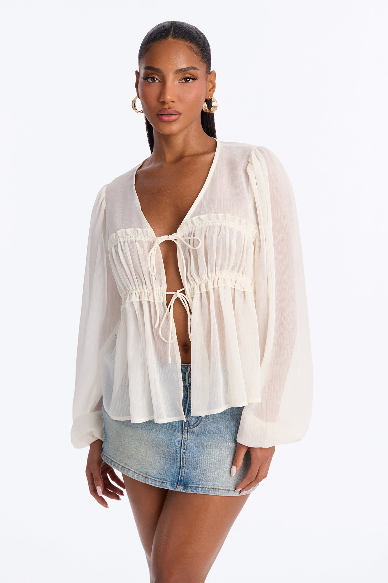 Poetic Romance Sheer Long Sleeve Flyaway Top - Ivory