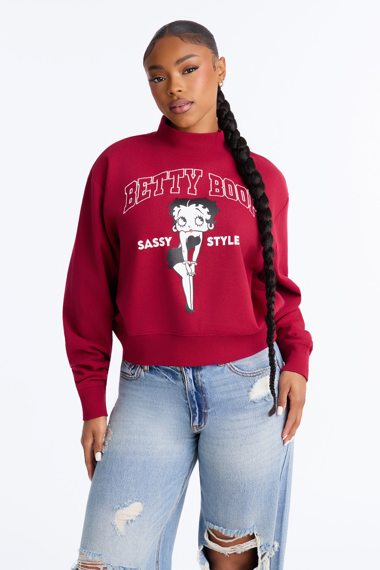 Betty Boop Crop Mock Neck Sweatshirt - Burgundy