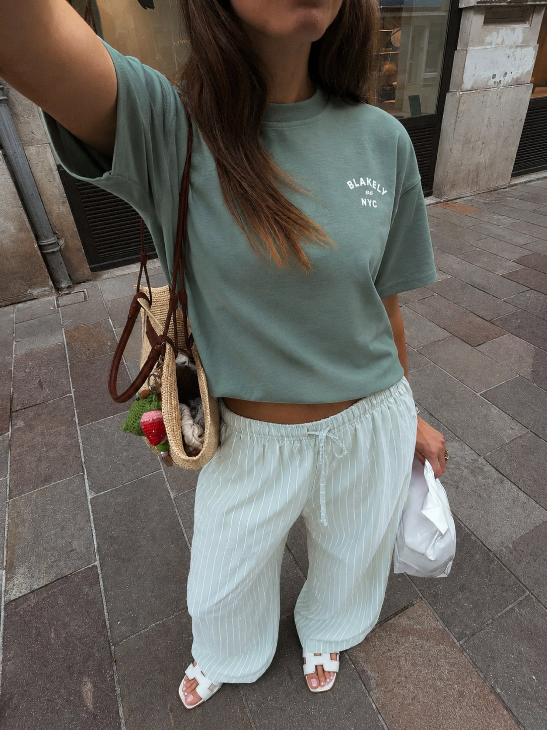 NYC Oversized T-Shirt & Elodie Stripe Trousers Set - Sage Green & Mint Green
