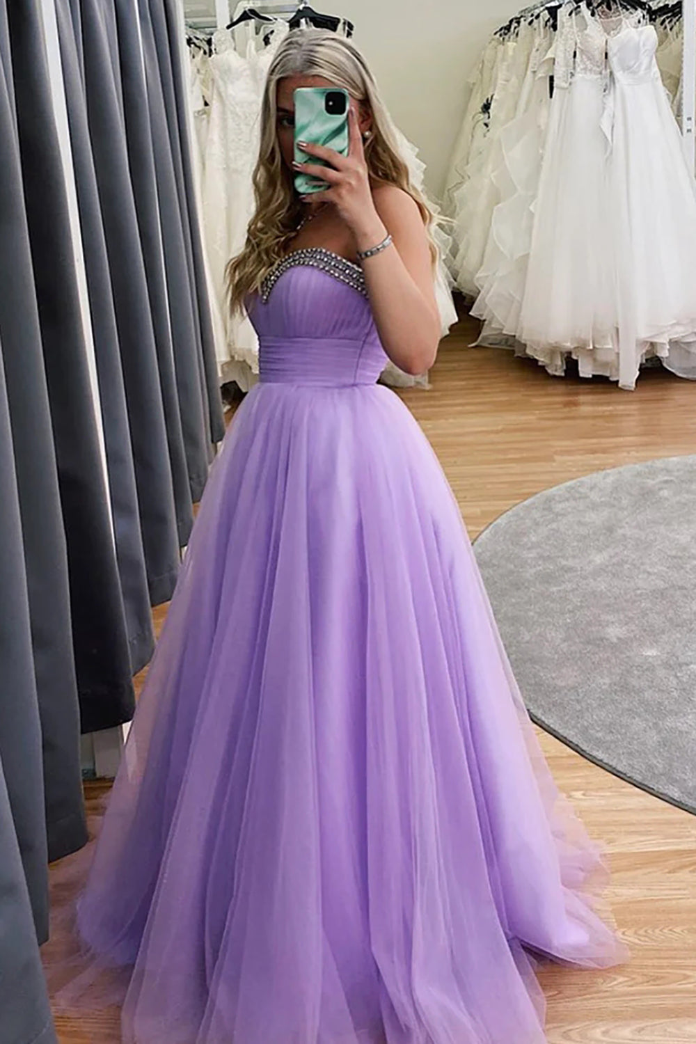 Long Purple Prom Dress with Sweetheart Neckline and Beading in A-Line Style