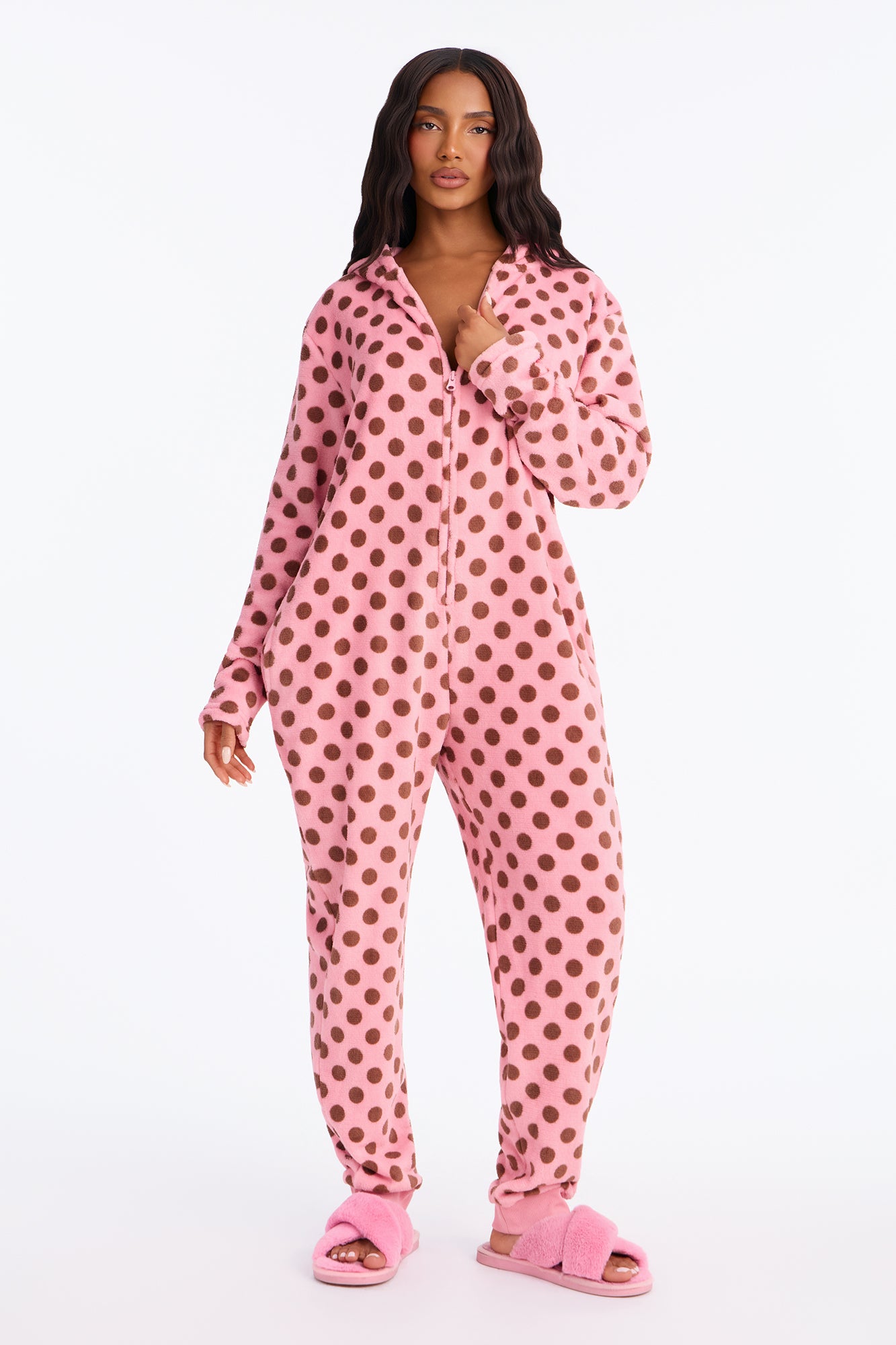 Cozy Night Polka Dot Plush PJ Jumpsuit Onesie - Pink/Pink