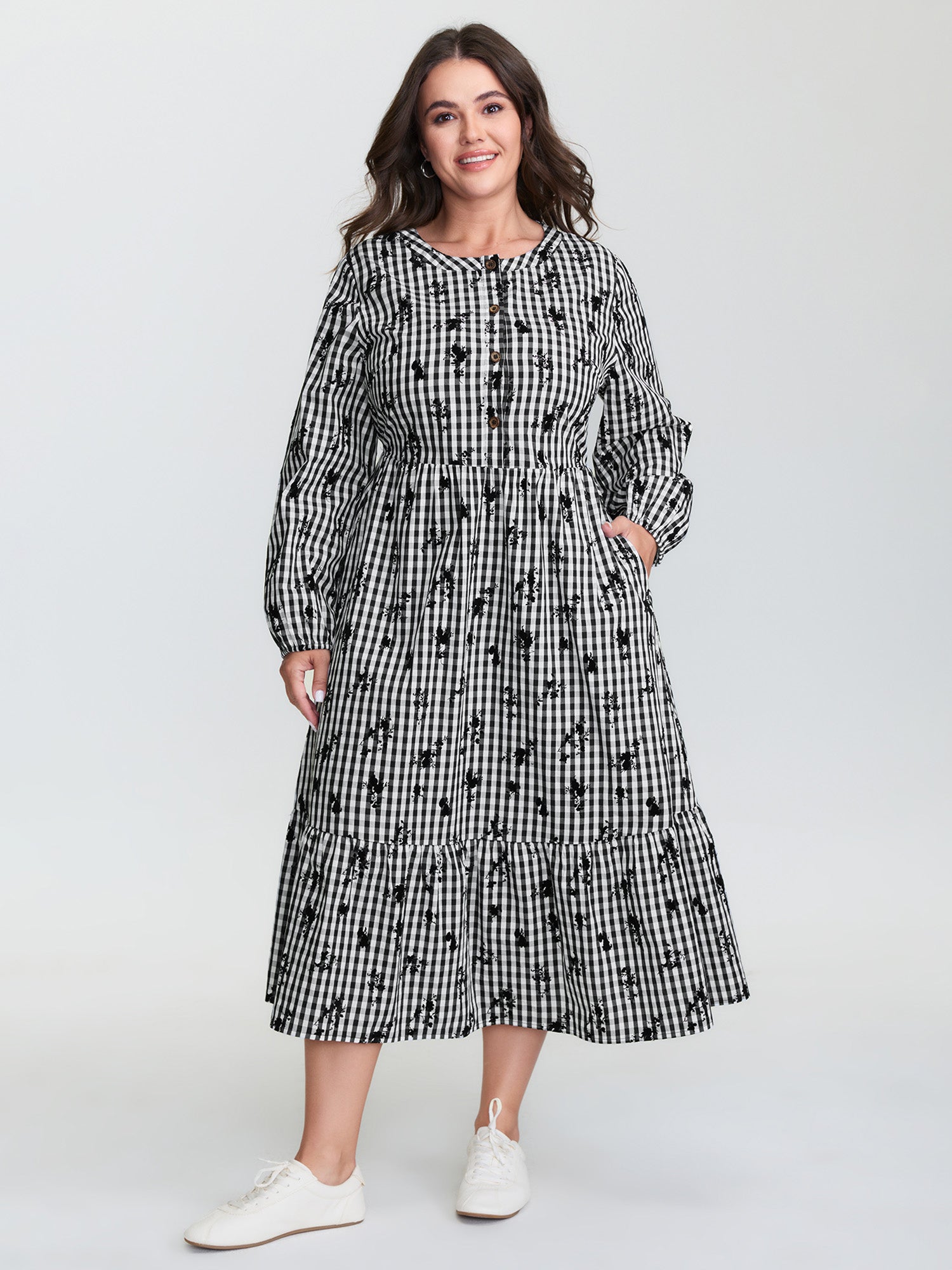 Cotton Checkered Floral Print Buttons Midi Dress
