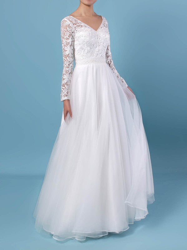 Classic A-Line V-Neck Long Sleeves Lace Tulle Floor-Length Wedding Dresses