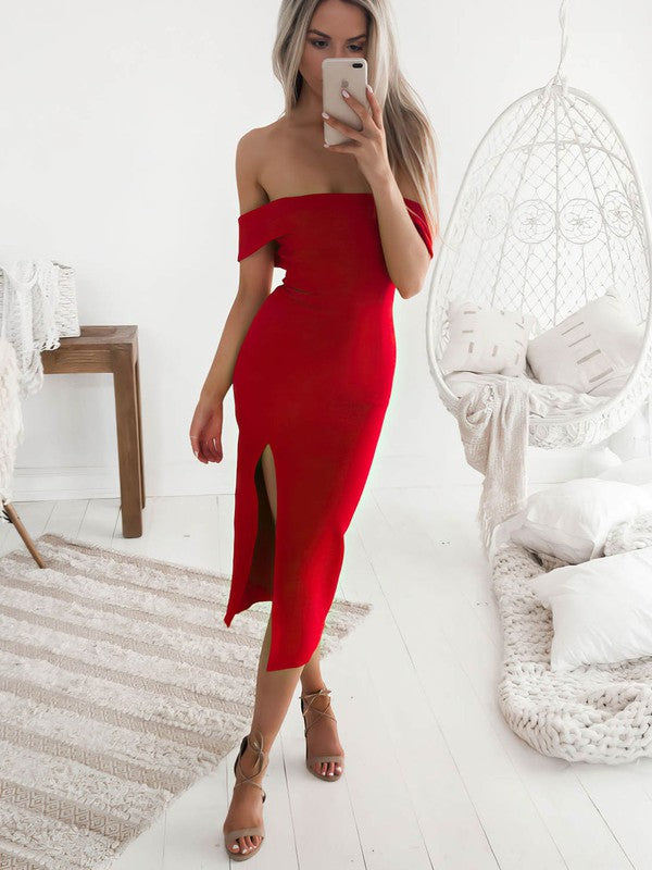 Stunning Tea-Length Sheath Stretch Satin Off-The-Shoulder Bridesmaid Dresses with Split