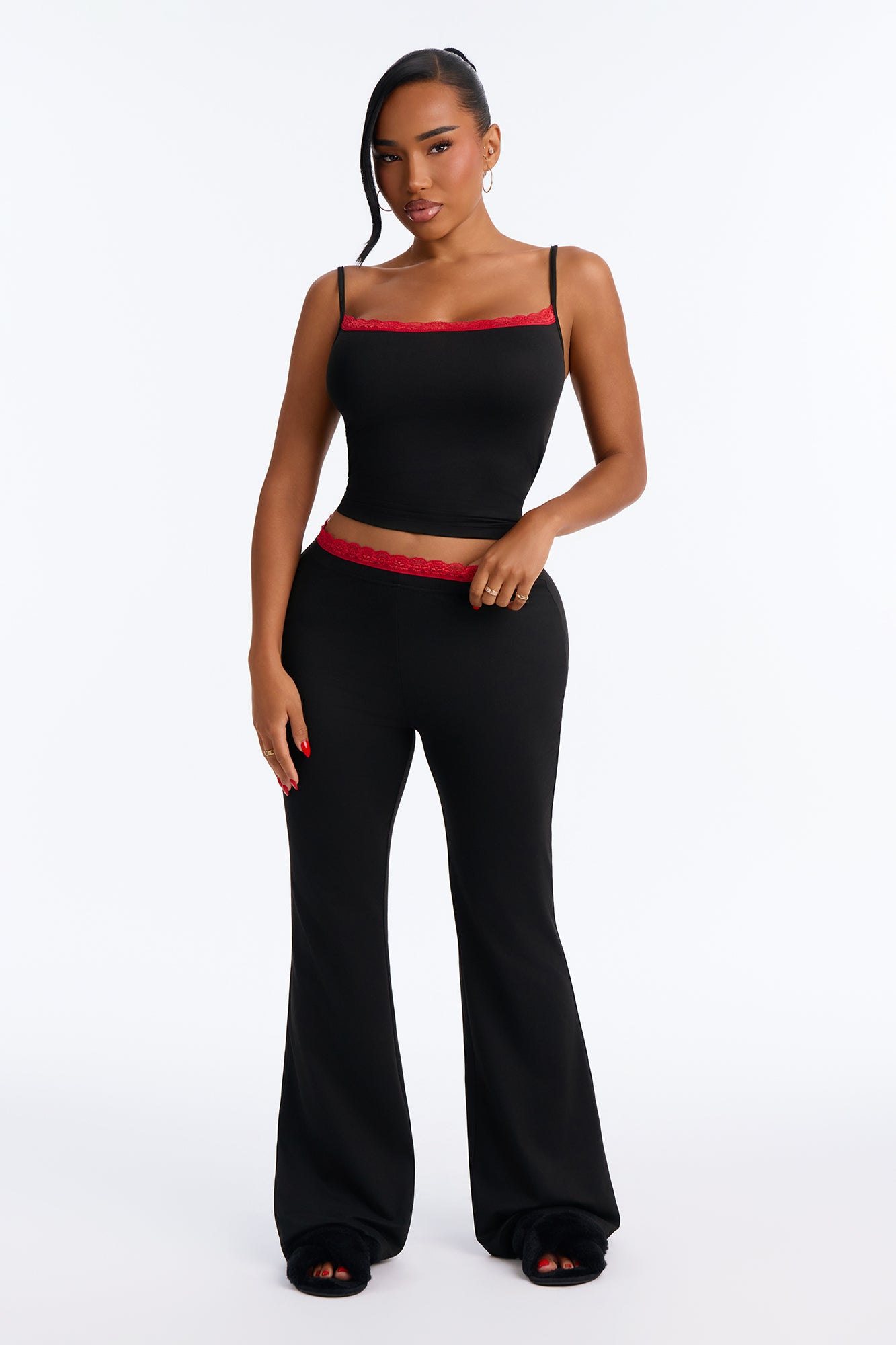 No Late Nights Contrast Lace Trim Cami PJ Pant Set - Black/combo