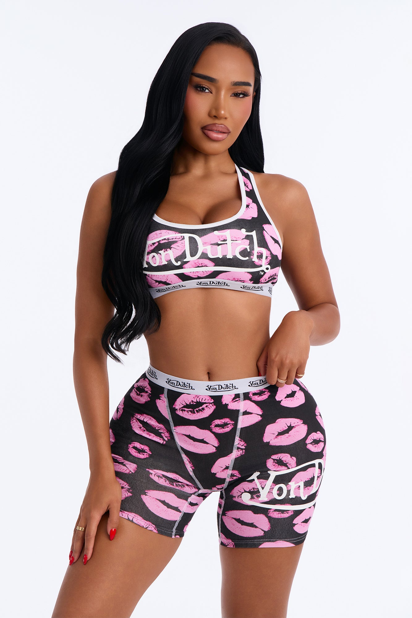 Von Dutch Contrast Bralette High Waist Brief 2 Piece Set - Black/Pink