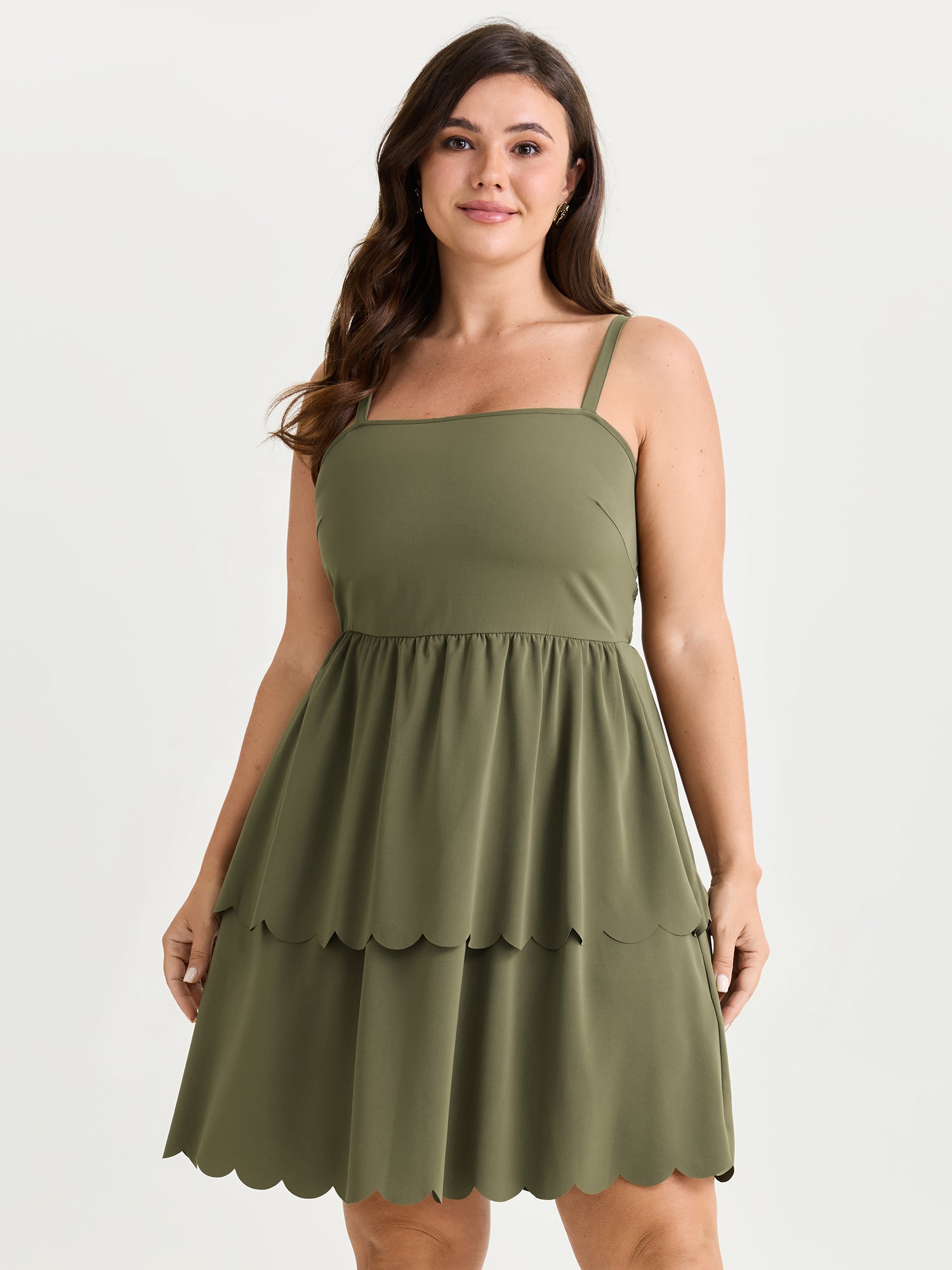 Shirred Tiered Laser Cut Hem Cami Mini Dress