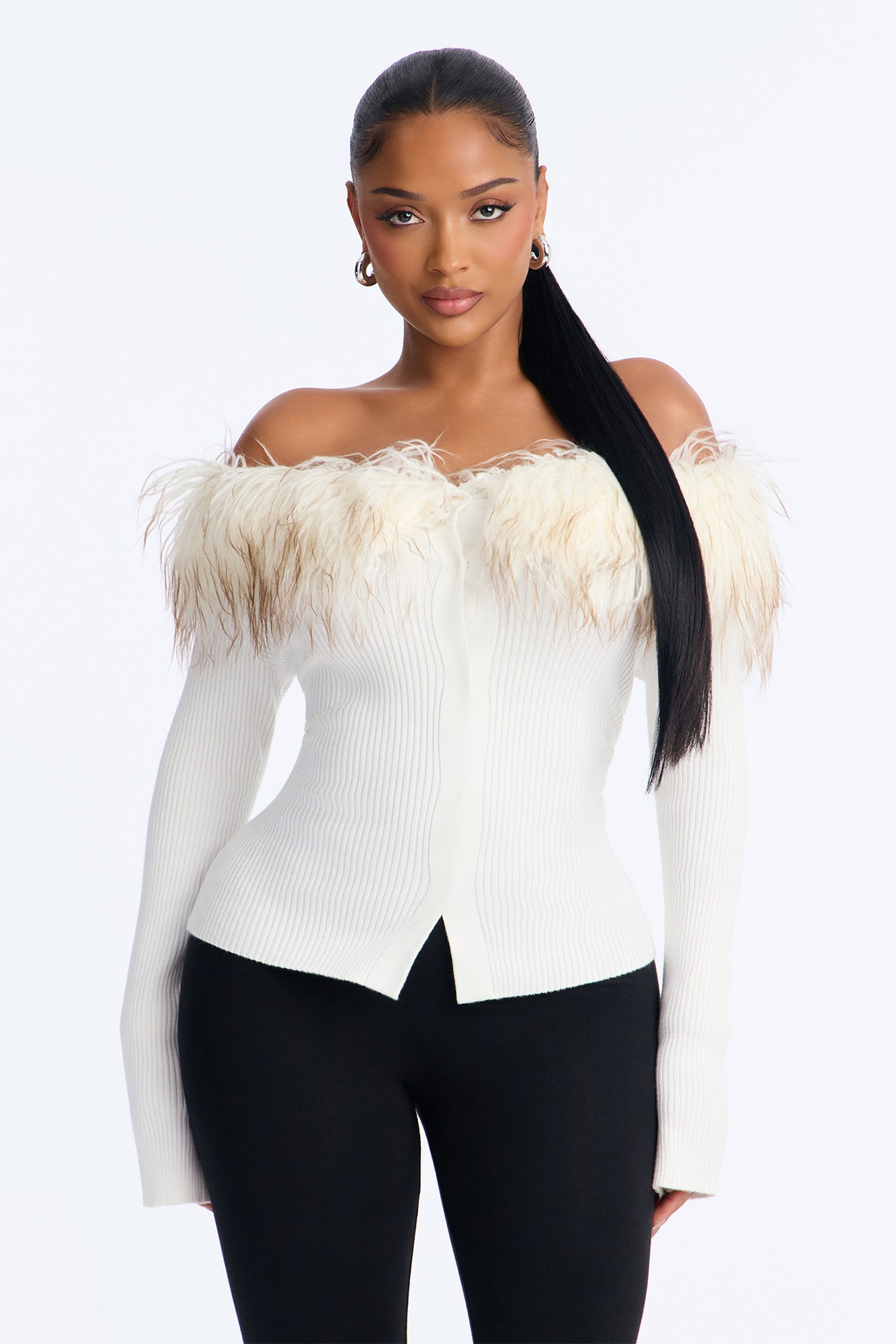 Mala Off Shoulder Fur Cardigan - Cream