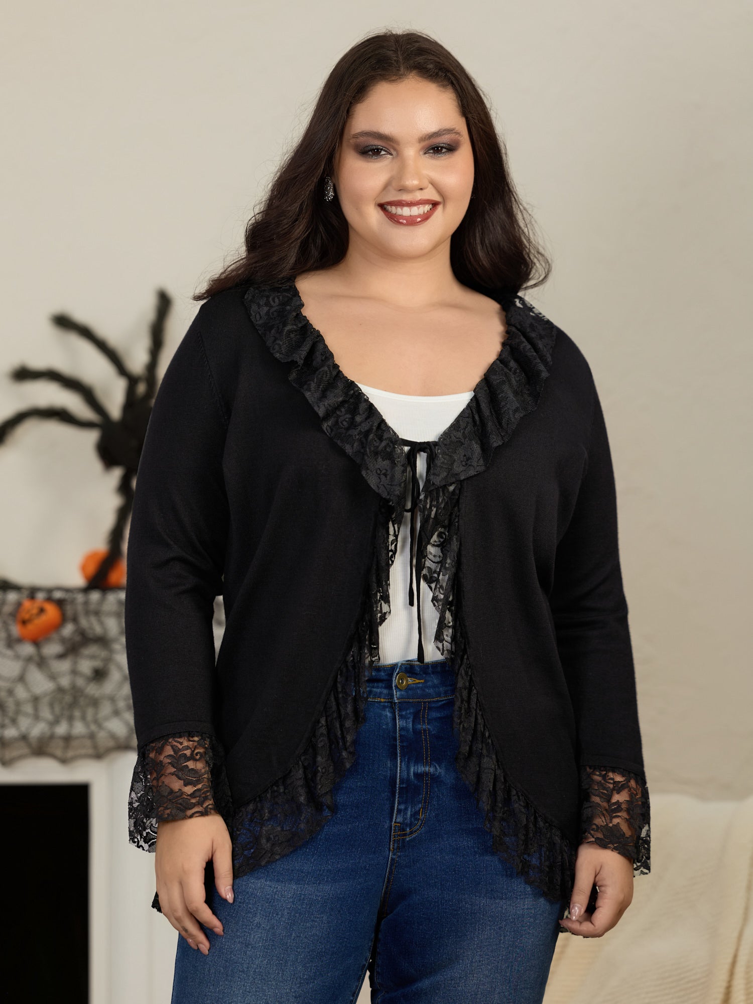 Lace Ruffle Trim Open Front Cardigan