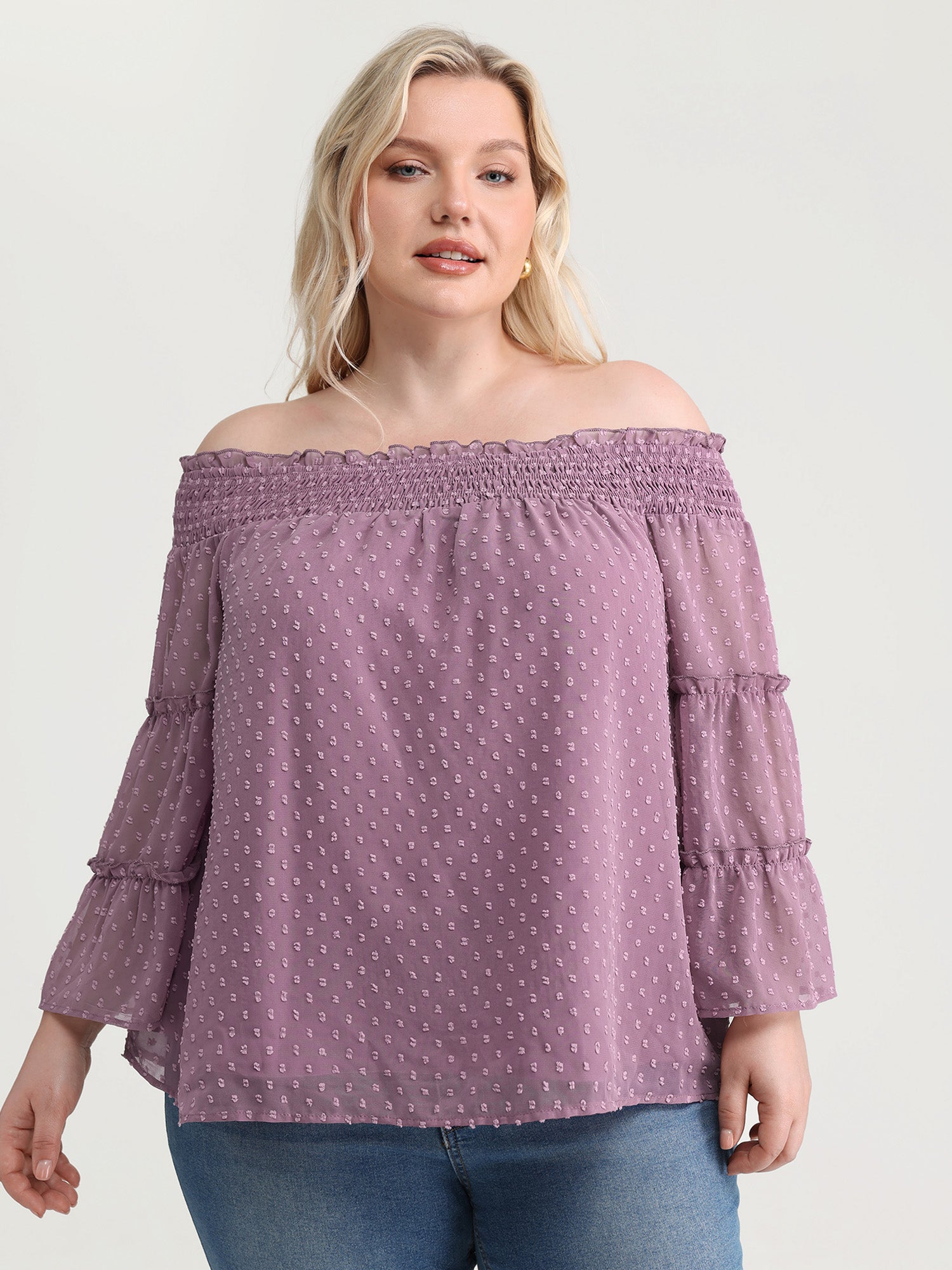Off-Shoulder Shirred Flared Sleeve Blouse