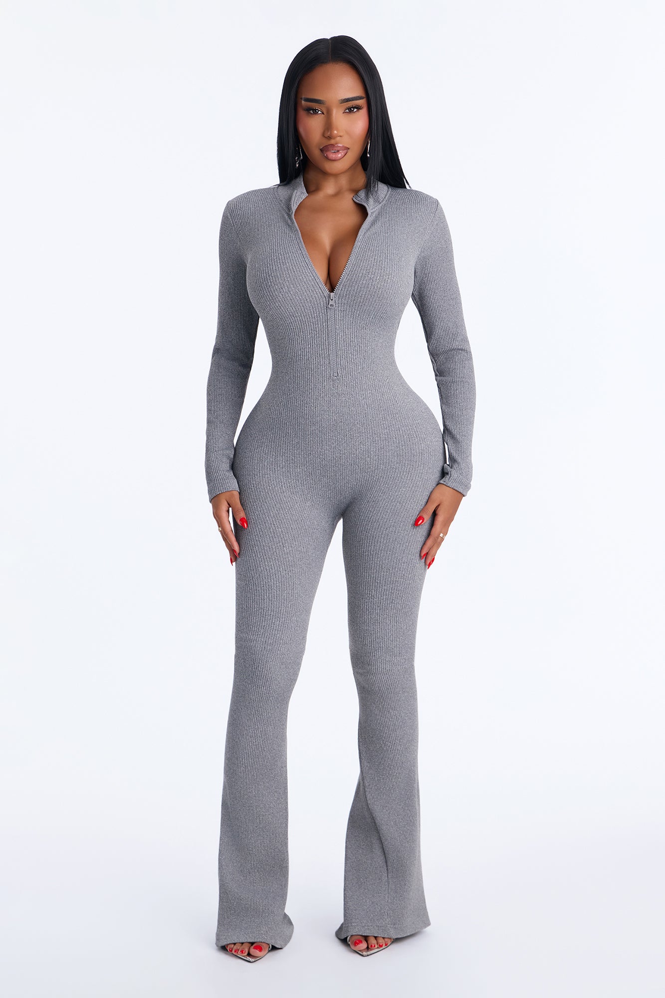 Melissa Seamless Rib Long Sleeve Jumpsuit - Grey