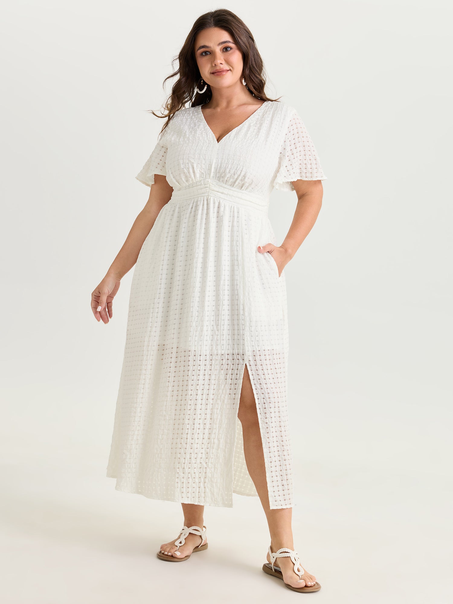 Hollowed-Out V-Neckline Shirred Midi Dress