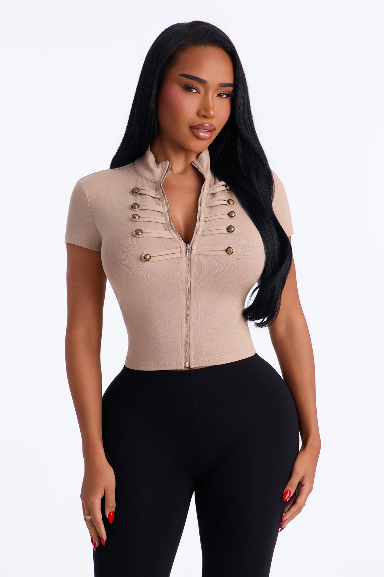 Command Era Militant Zip Up Short Sleeve Top - Taupe