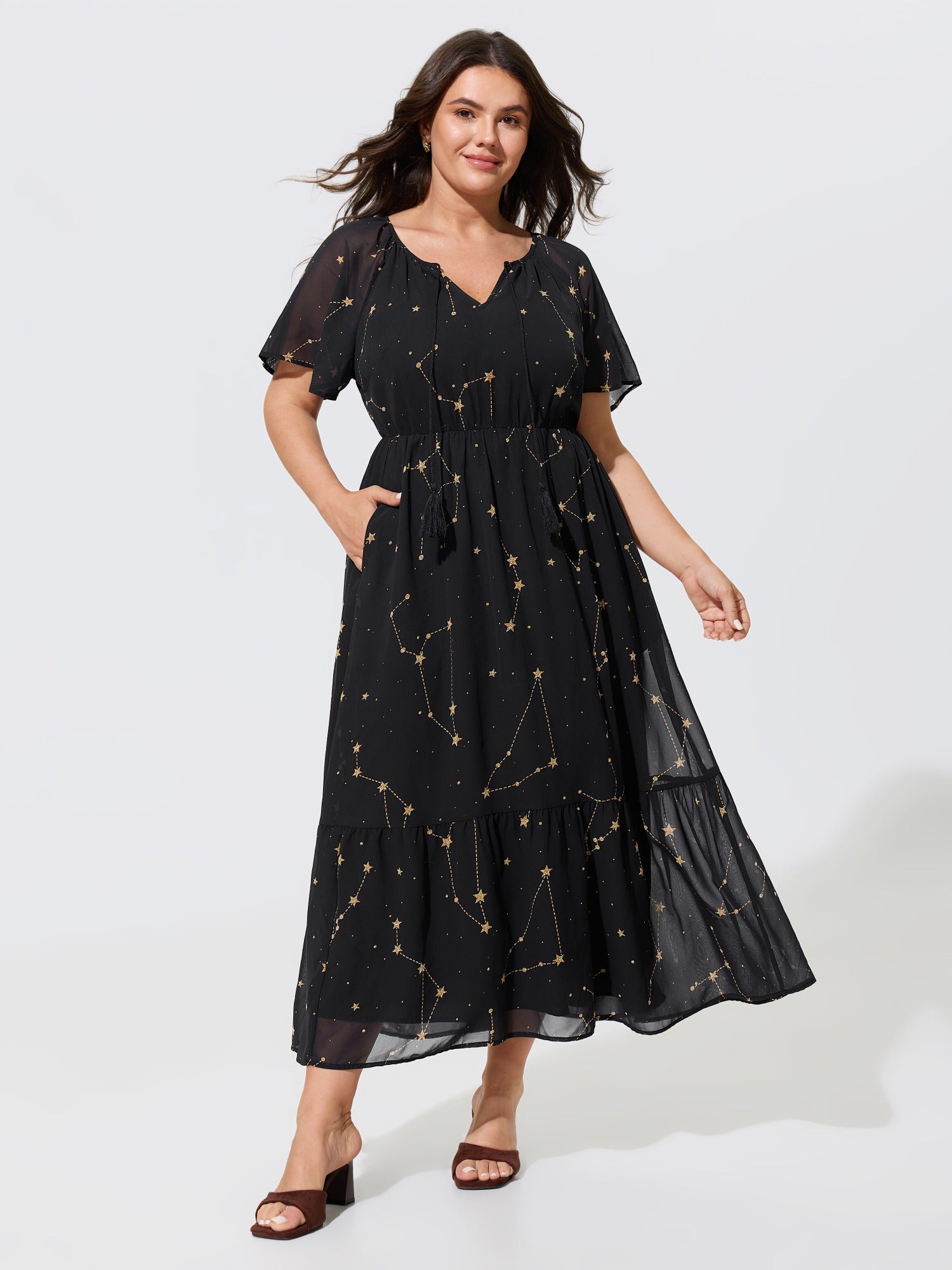 Constellation Print Tassel Tie Neck Maxi Dress