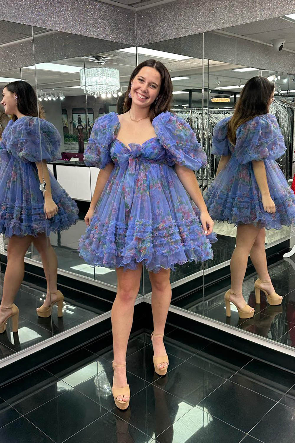 Dark Blue Puff Sleeves A-Line Floral Short Homecoming Dress/Mini Dress with Ruffles
