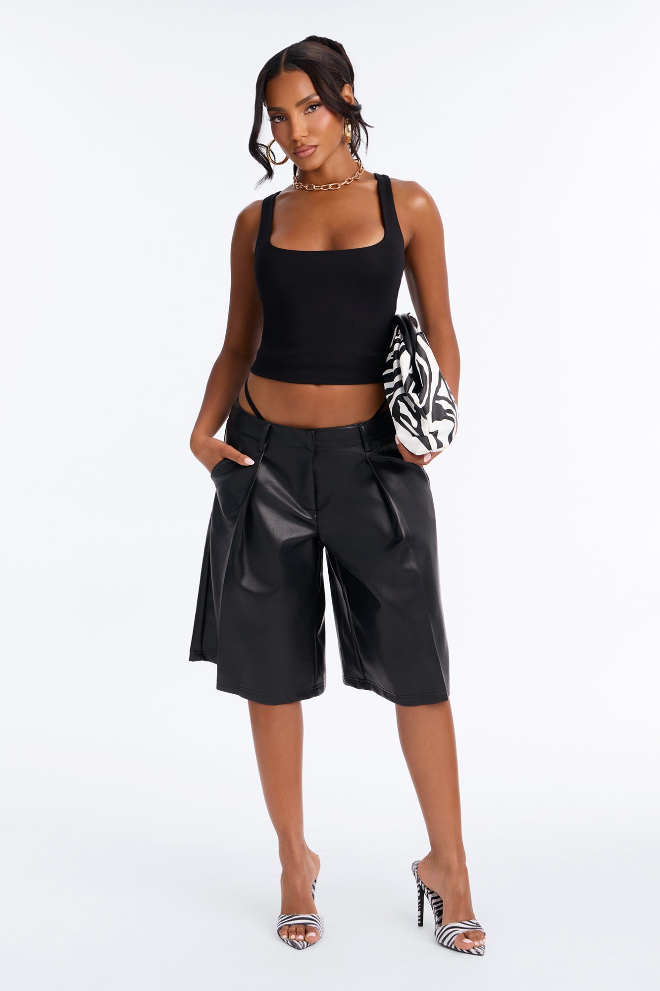 Tyla Ultra Low Faux Leather Pleated Bermuda Short - Black