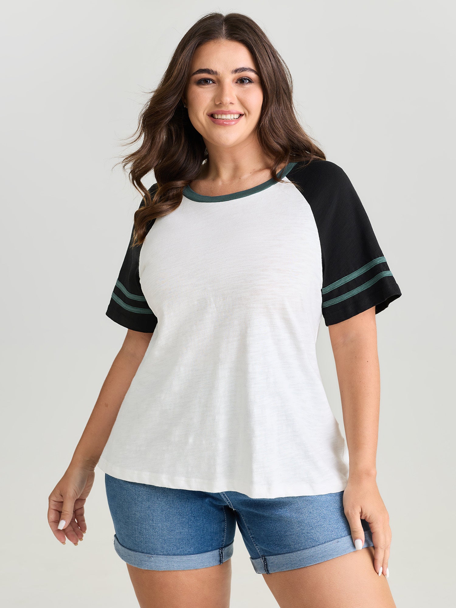 Cotton Stretchy Raglan Color Contrast Sleeve T-Shirt