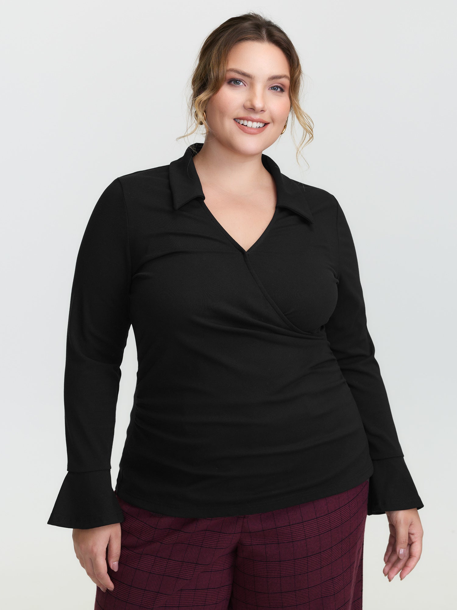 Overlap Collar Flared Sleeve Plain Knit Top