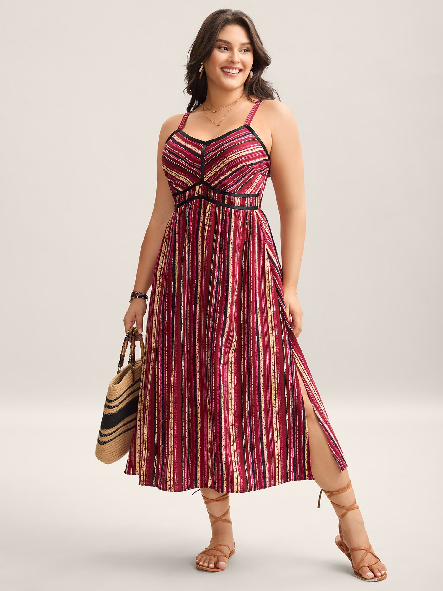 Colorful Stripes Spliced Cami Midi Dress