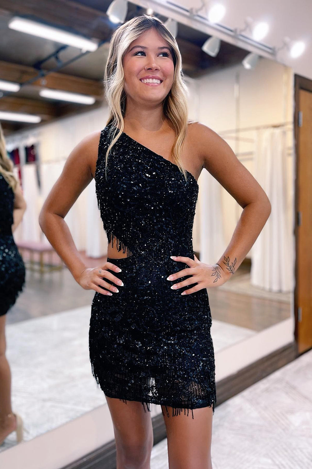 Sparkly Black Sequins Beaded One Shoulder Tight Homecoming Dress/Mini Dress