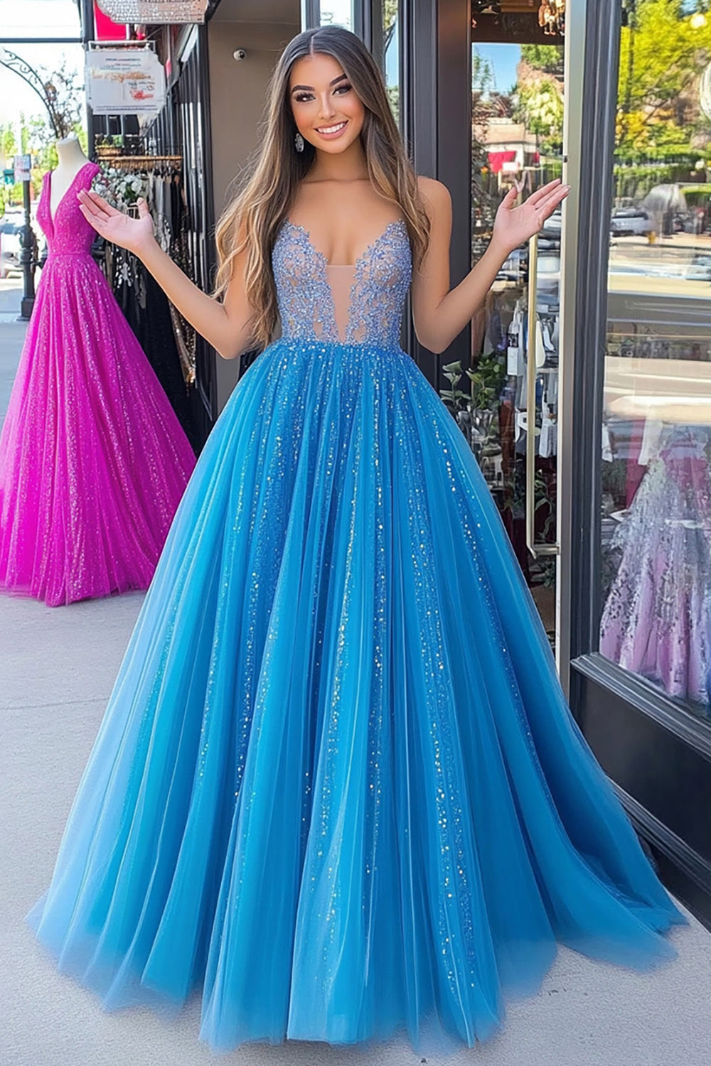Long Plunging V-Neck Prom Dress in Sparkly Blue Tulle with Sequined A-Line