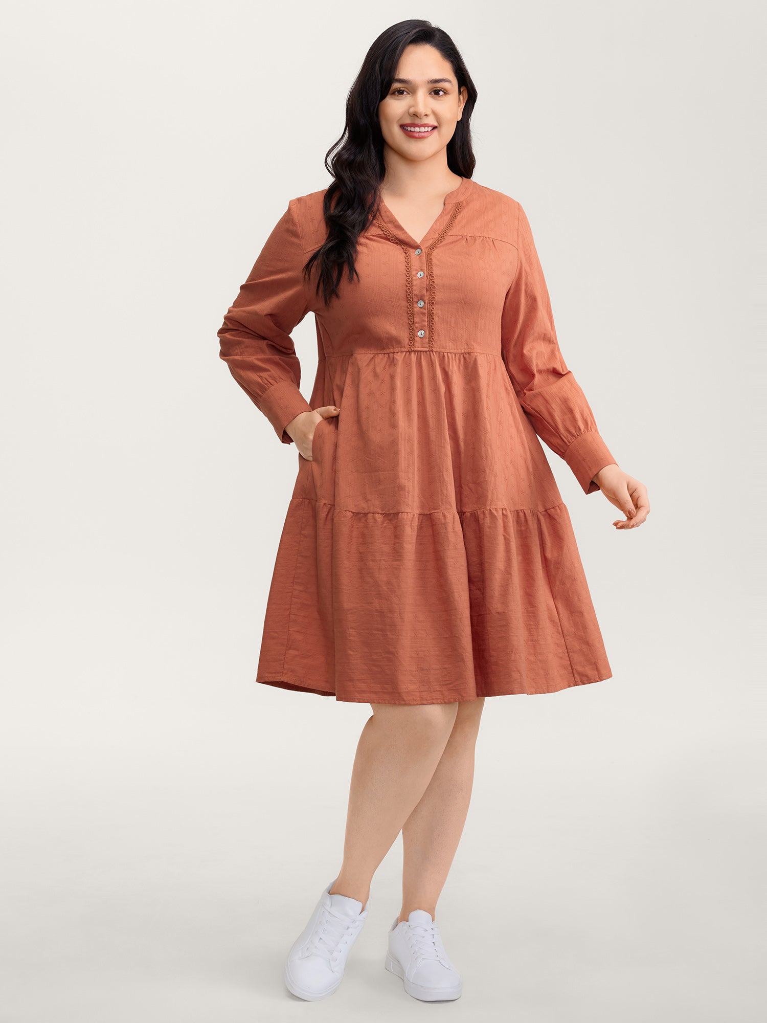 Cotton Textured Button Tiered Knee Dress