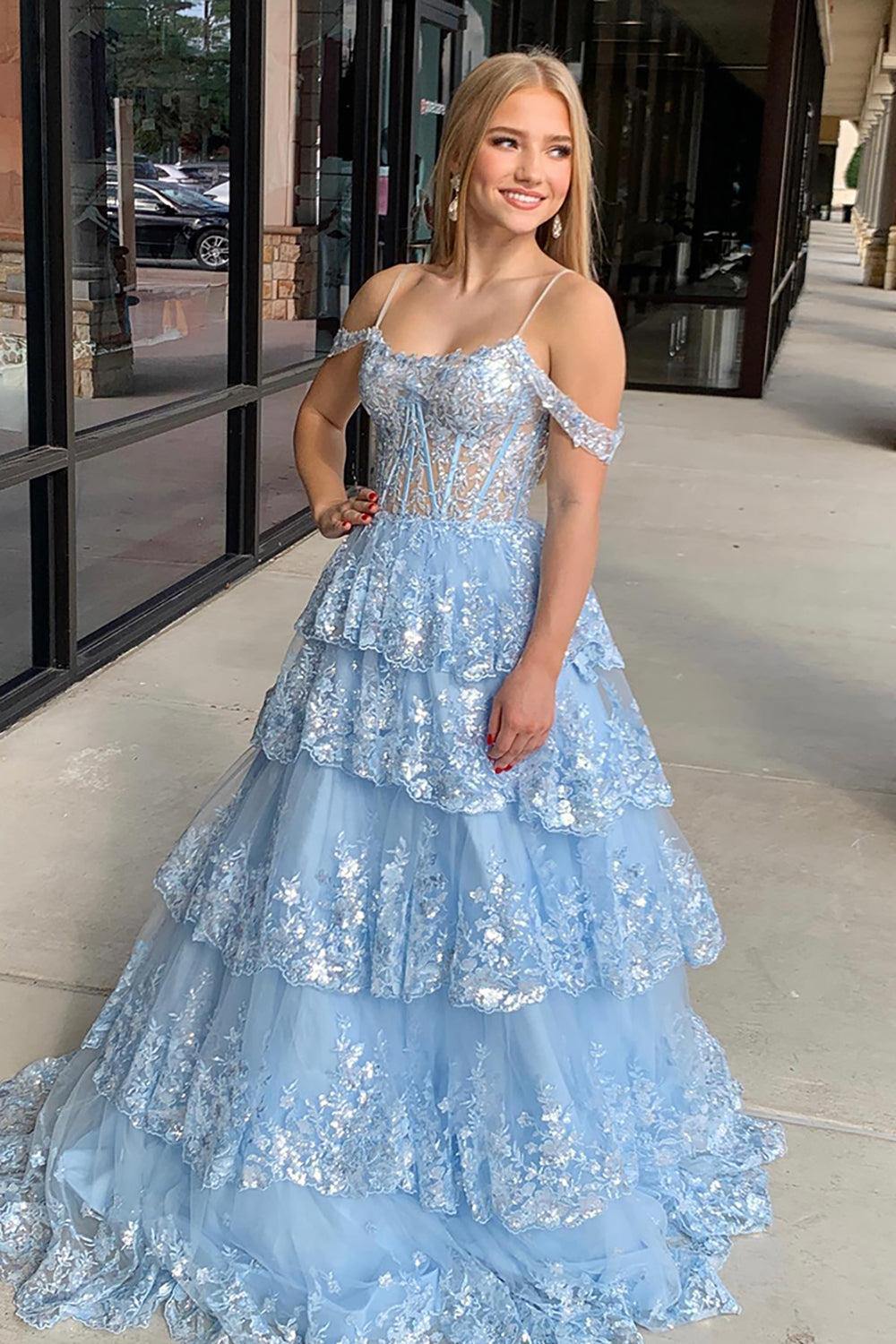 Long Corset Prom Dress in Light Blue with Sparkly Sequin Appliques and Tiered Tulle