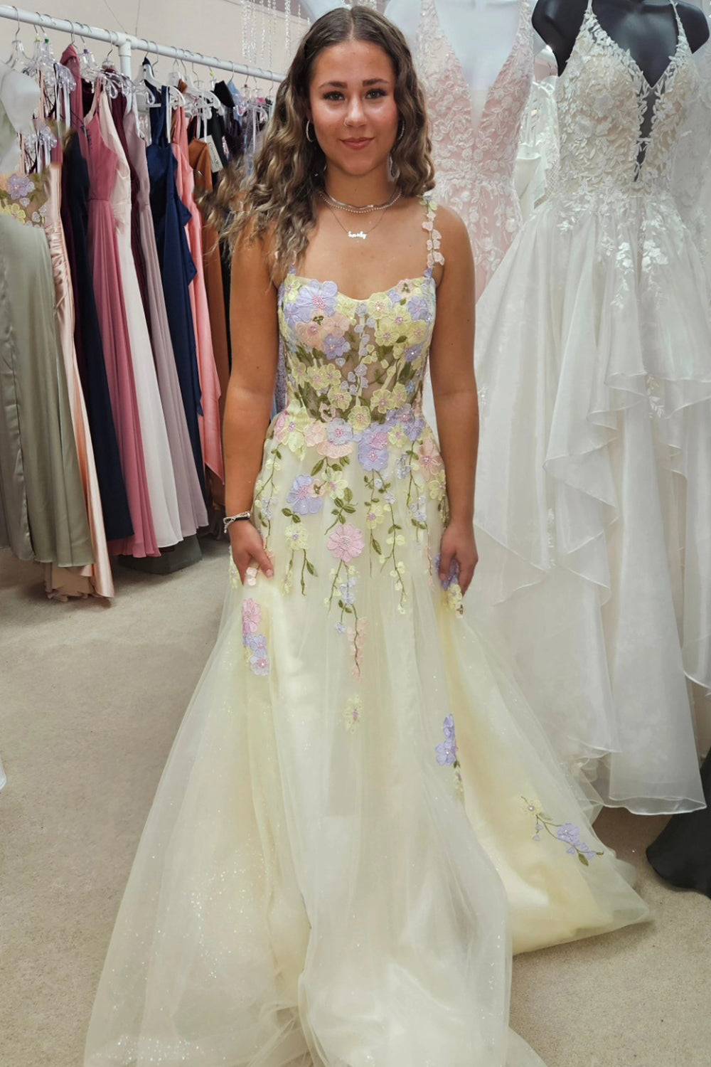 Long A-Line Corset Prom Dress in Yellow with Spaghetti Straps and Tulle Appliques
