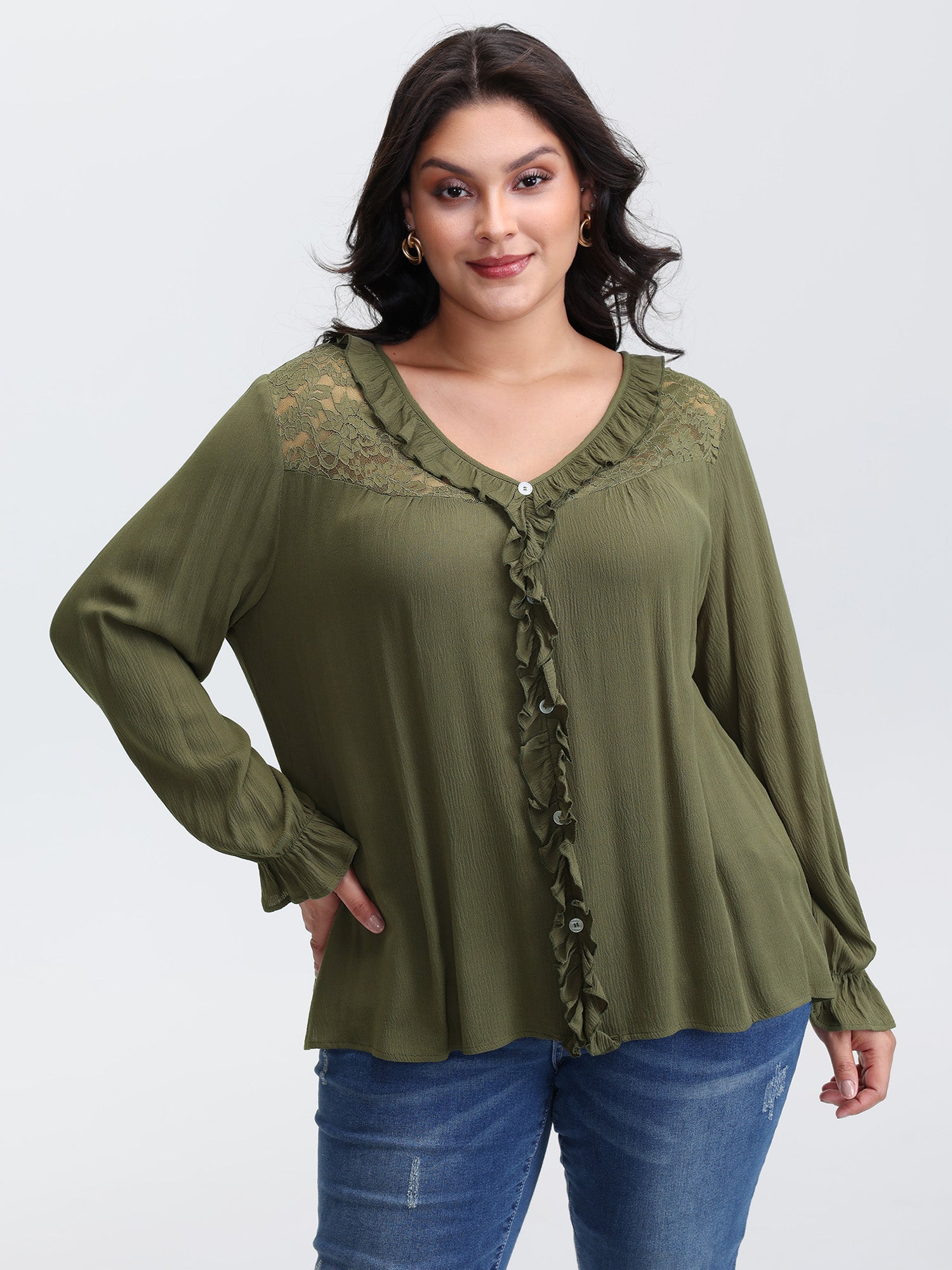 Lace Trim Ruffled Edge Button Blouse