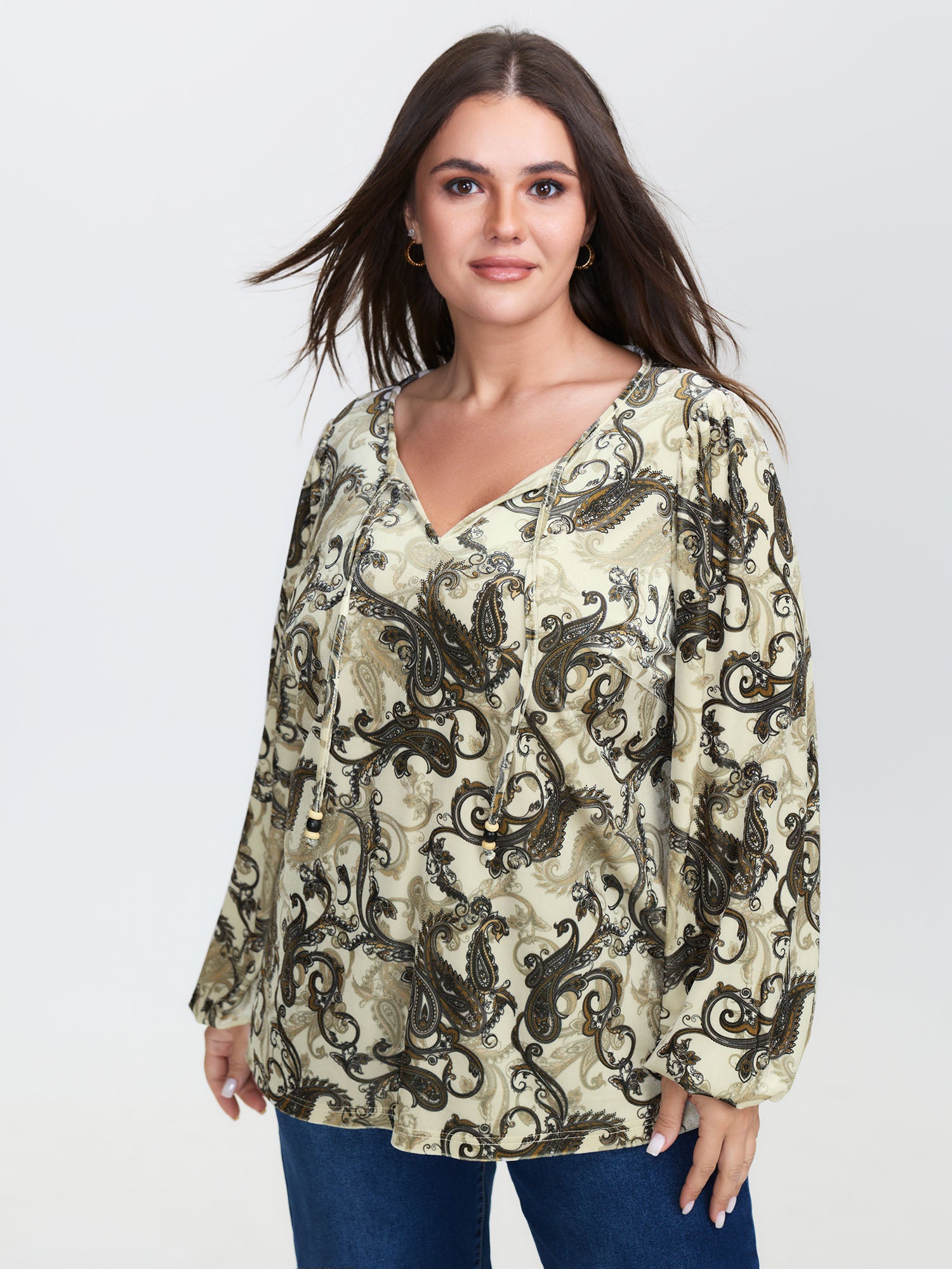 Paisley Velvety Print Lantern Sleeve Blouse