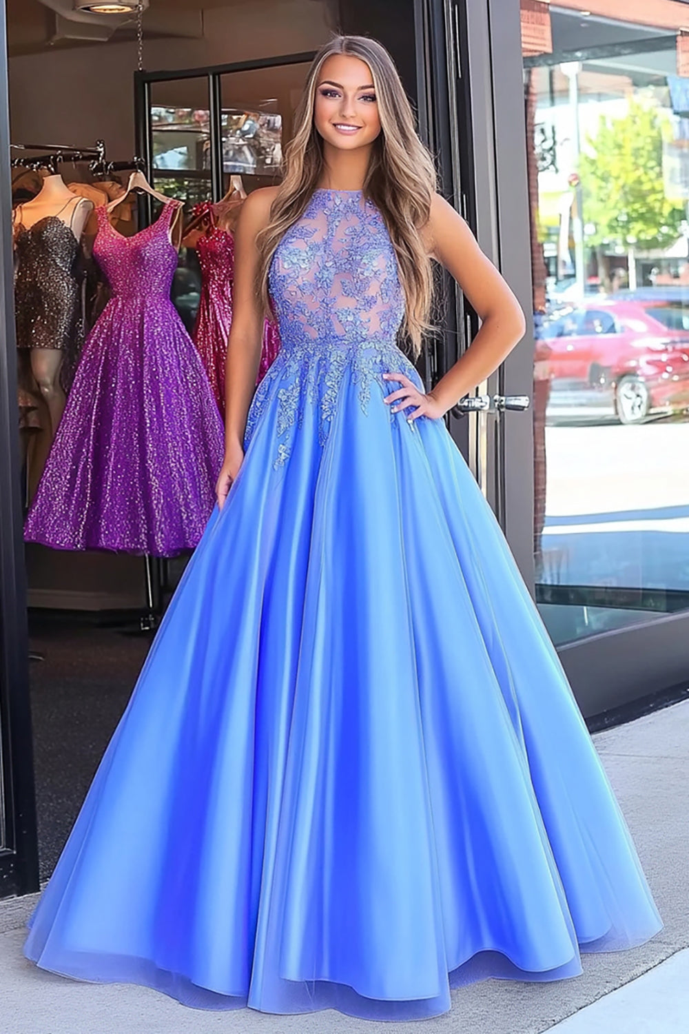 Long Blue Sparkly Prom Dress with Scoop Neck and Sequined A-Line Appliques