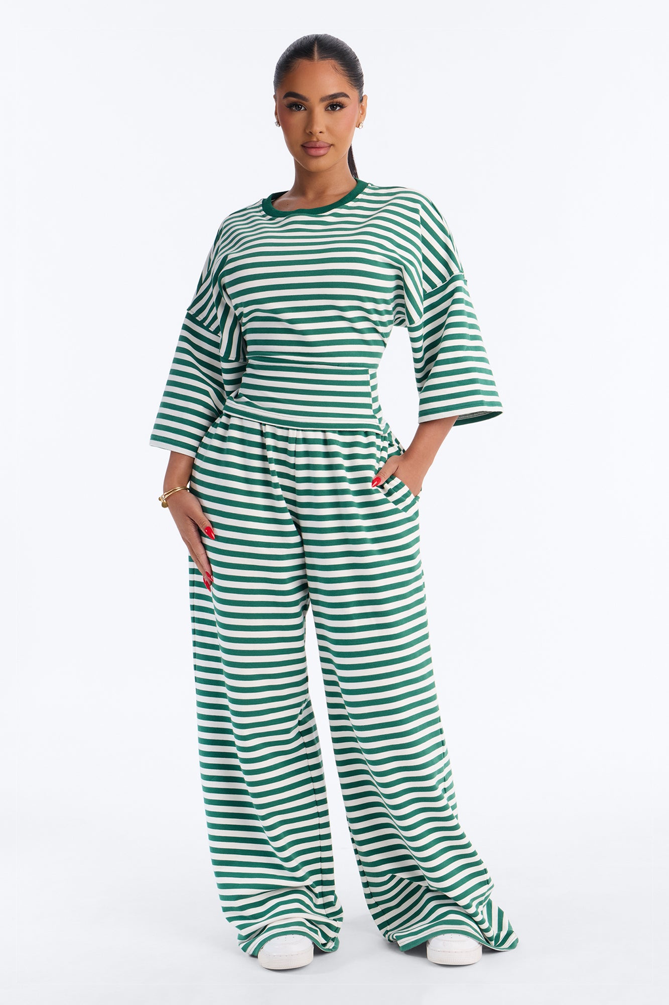 Seen In Stripes French Terry Pant Set - Green/combo