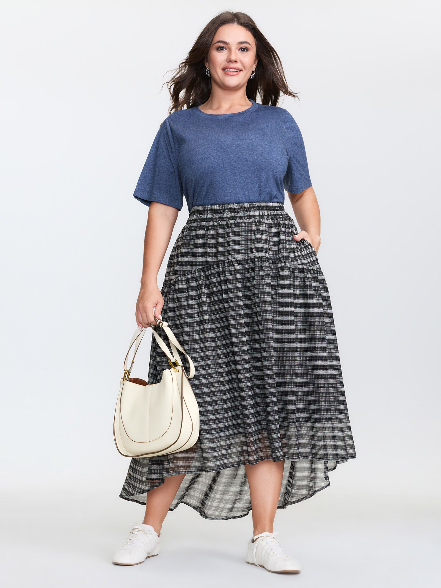 Checkered High-Low Hem Maxi Skirt