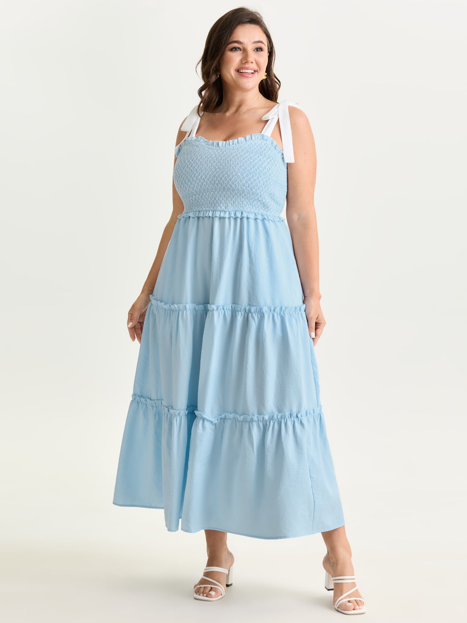 Ruffle Hem Shirred Bust Tiered Midi Dress